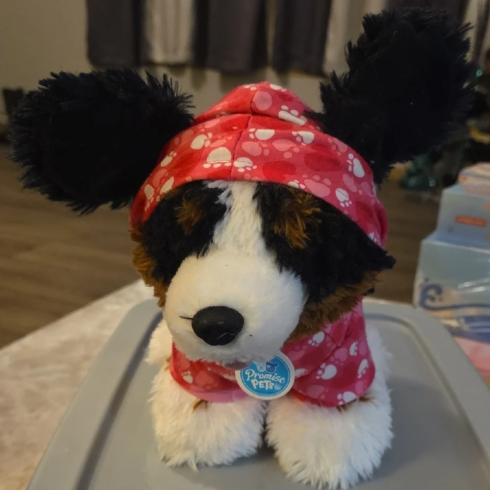 (J46) Build-A-Bear Pink Paw Print Hoodie Dog With Brush